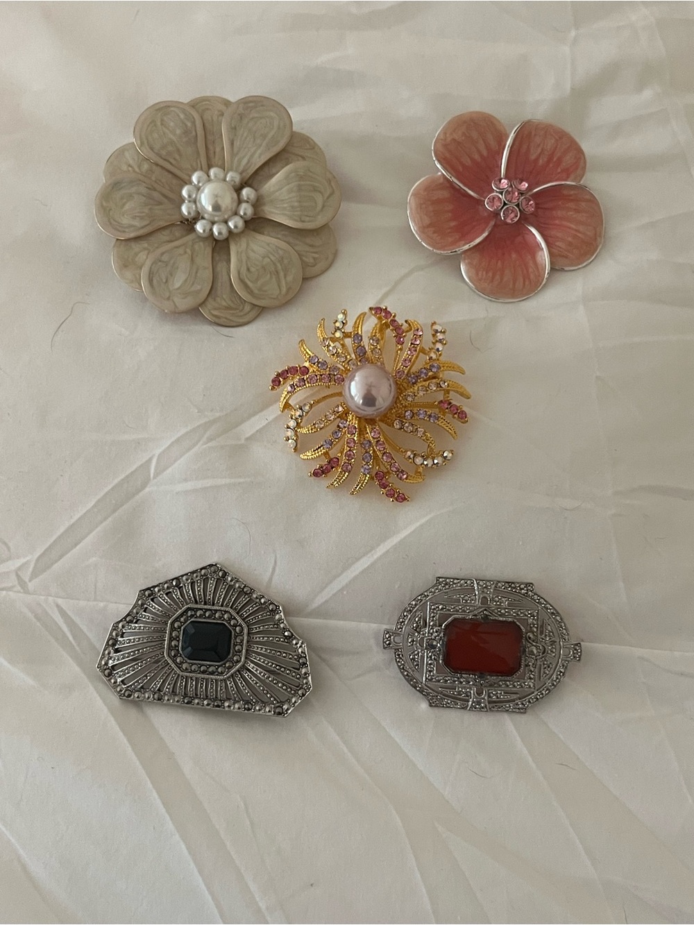 Floral and Gemstone Brooch Set - Pink, Cream, Gold, Silver